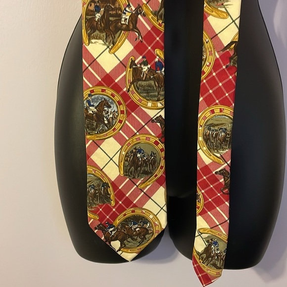 Lands’ End Vintage Horse Racing Horseshoe Plaid 100% Silk Necktie Tie - Picture 1 of 16